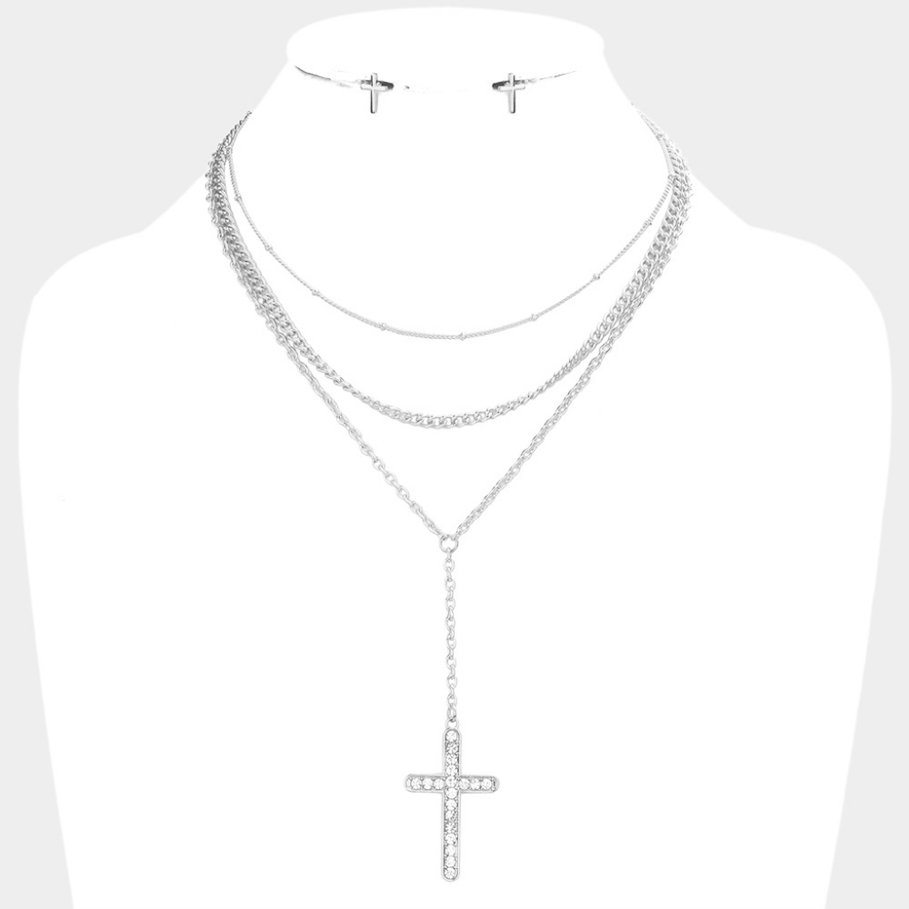 Silver Triple Layered Cross Pendant Necklace Layered Chain Statement Accessory